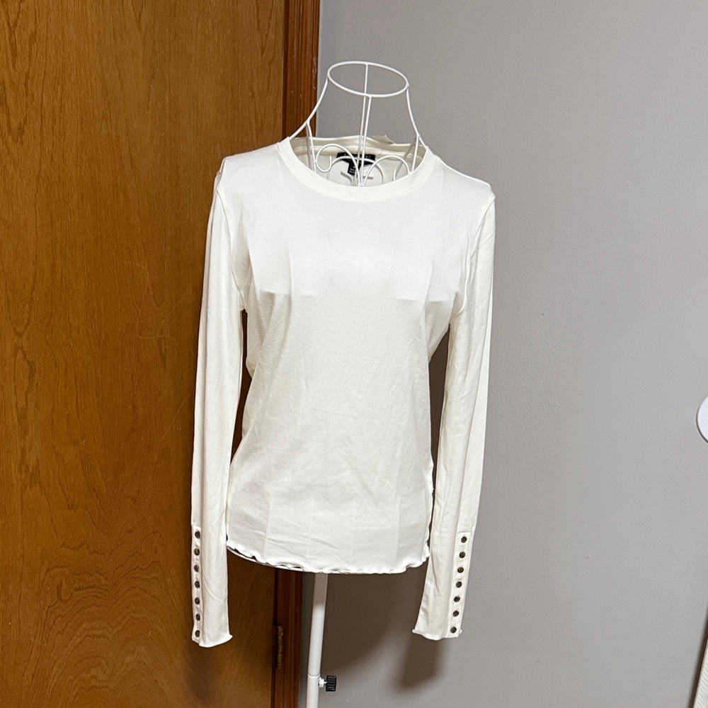 J. Crew Cream Long-Sleeve Crewneck Top with Button Cuffs